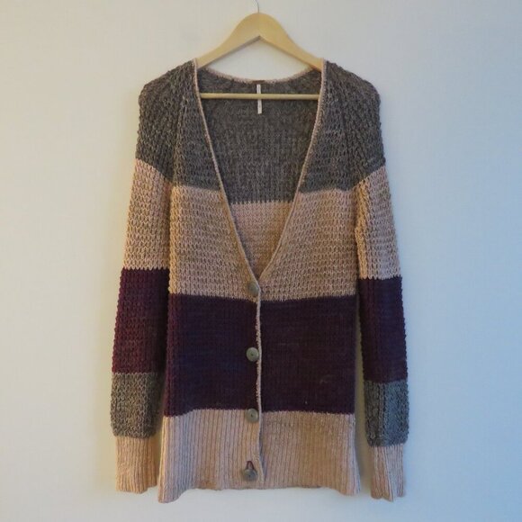 FREE PEOPLE Lake Tahoe Color Block Striped Cardigan Loose Knit Pastel Purple XS - Picture 2 of 14
